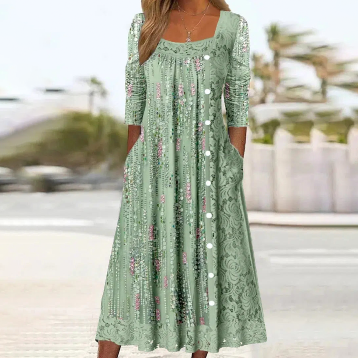 Fresh Green Square Neck Midi Dress