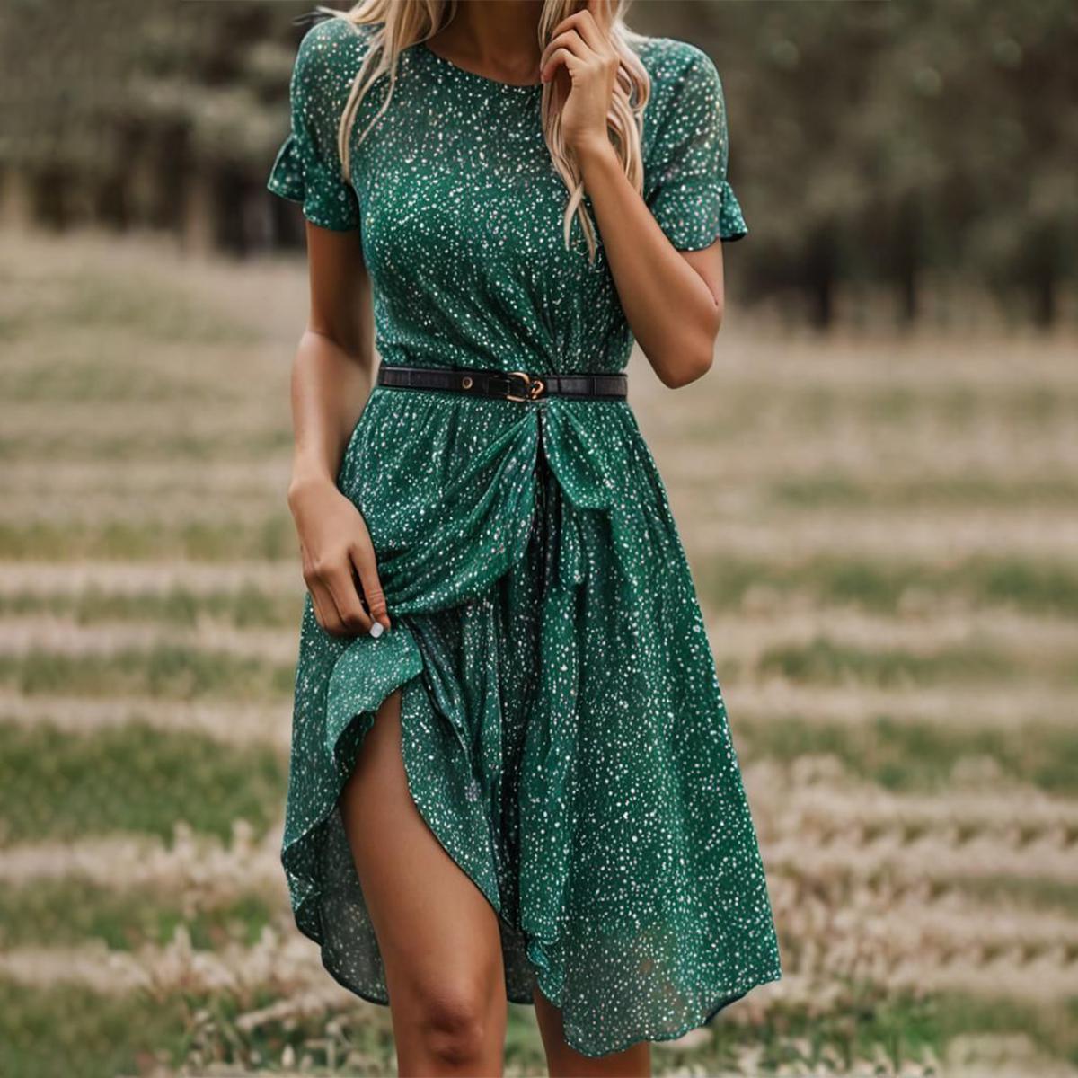 Green Short Sleeve Round Neck Midi Dress