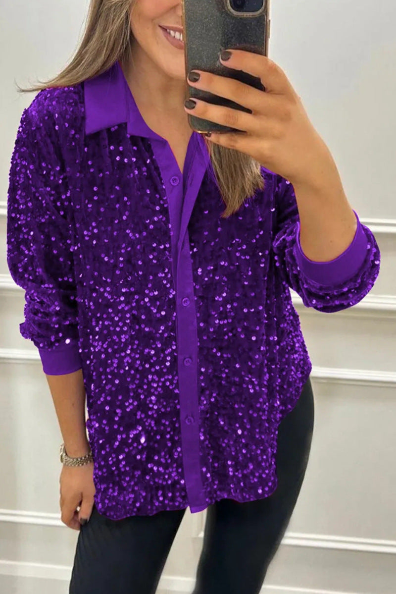 GleamAllure® | Sequined Button-Up Shirt