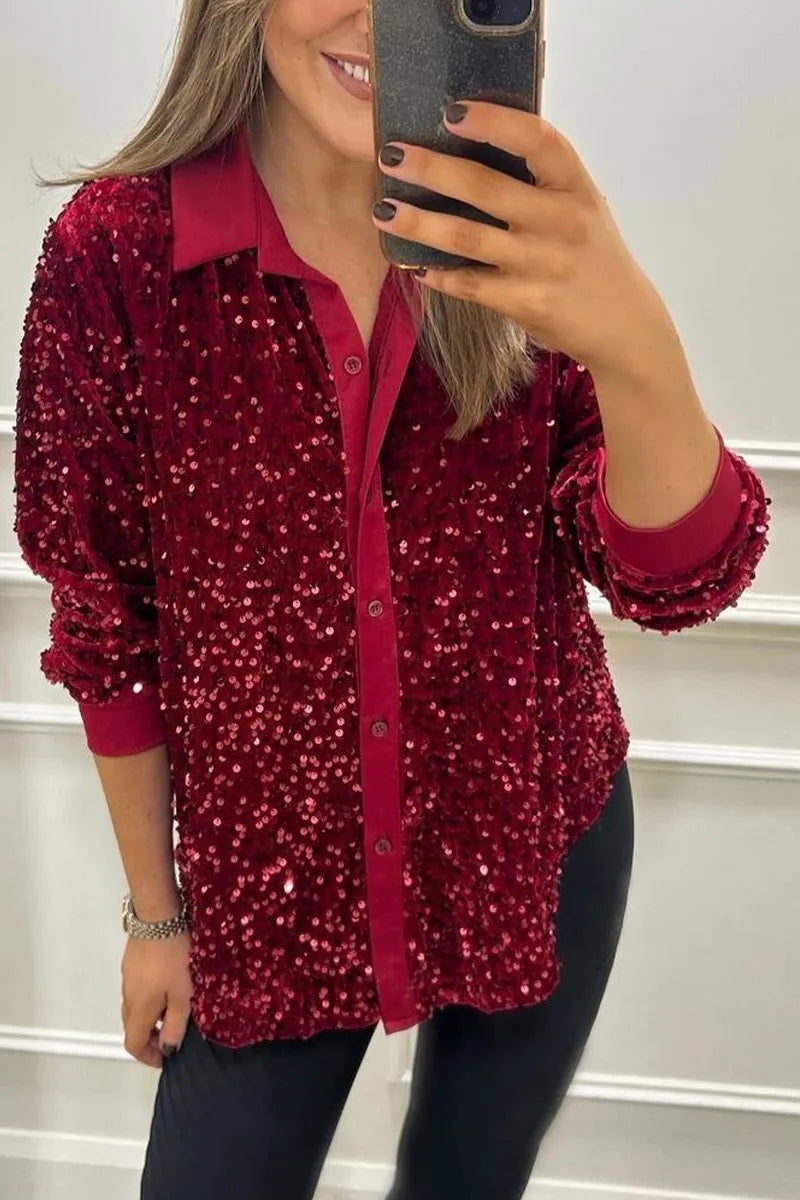 GleamAllure® | Sequined Button-Up Shirt